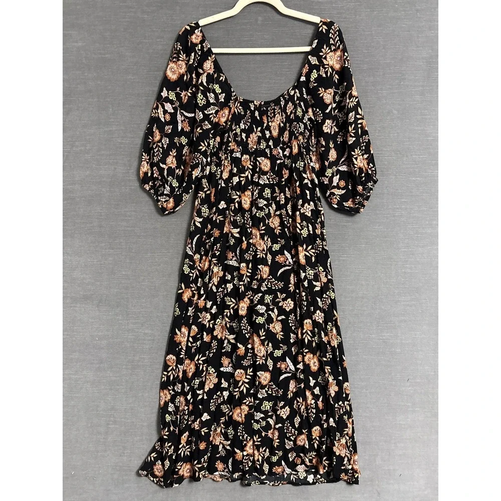 Billabong Dress M Black Floral Smocked Puff Sleeve Midi Gauzy Boho Babydoll - Picture 2 of 10